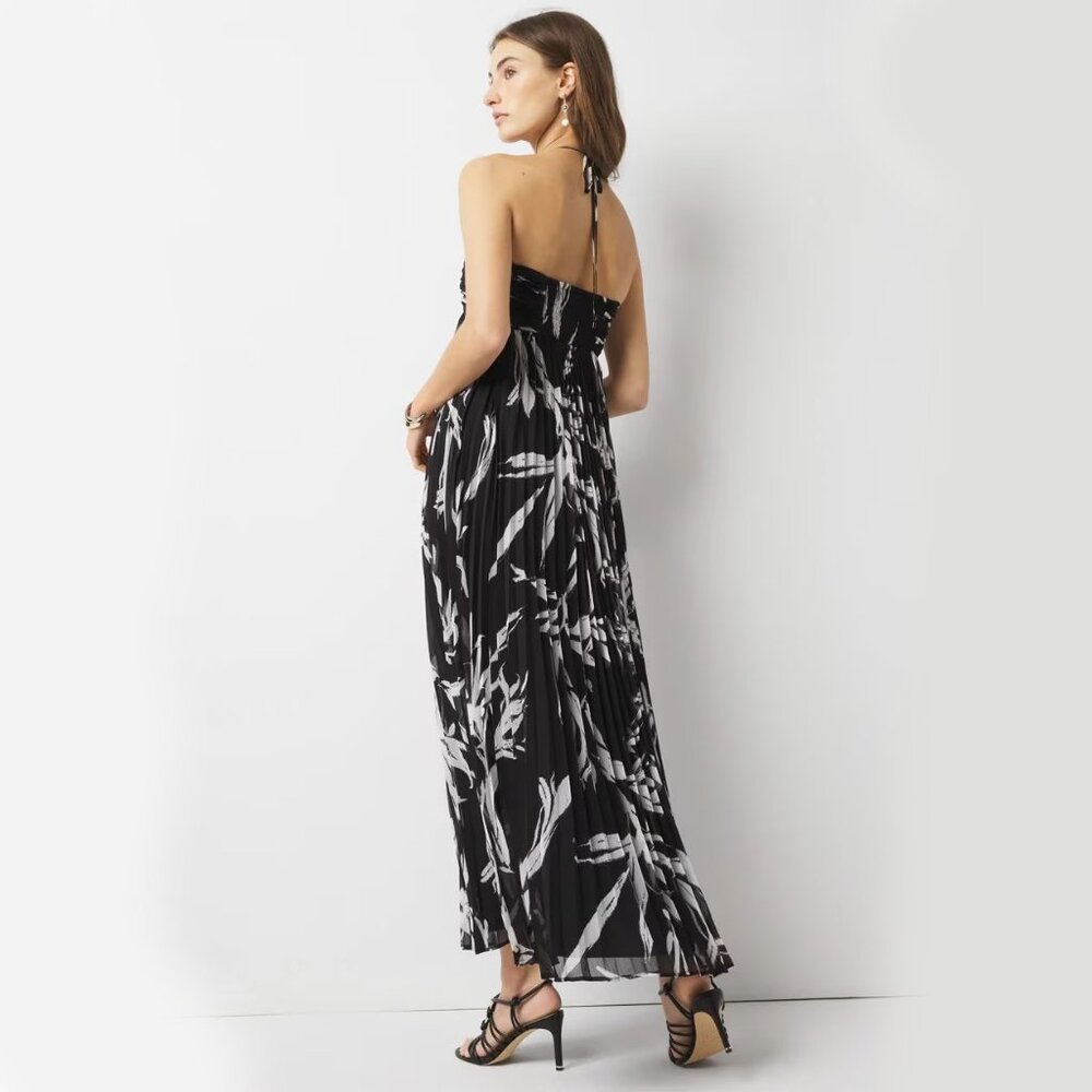 WHBM $190 Halter Pleated Maxi Dress Black White 10 Sundress Cutout Chiffon - Picture 3 of 8